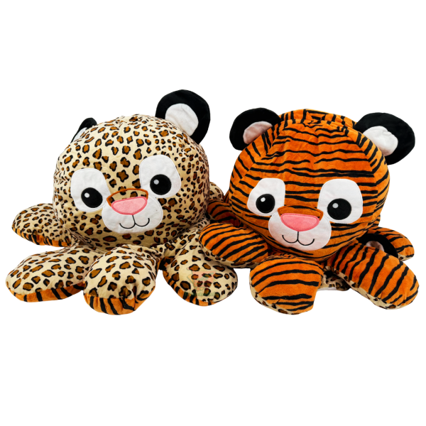 Wendeplüsch-Oktopus als 2-in-1: Leopard-Muster und Tiger-Streifen, Ø ca. 63 cm